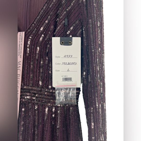 NWT Mac Duggal V Neck Sequined Illusion Long Sleeve A Line Gown Plum 6 - Picture 3 of 10